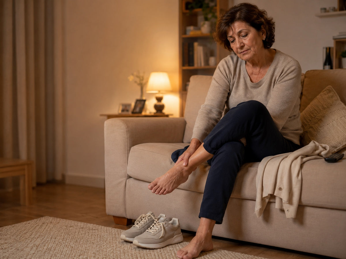 Mujer española sentada en el sofá quitándose los zapatos